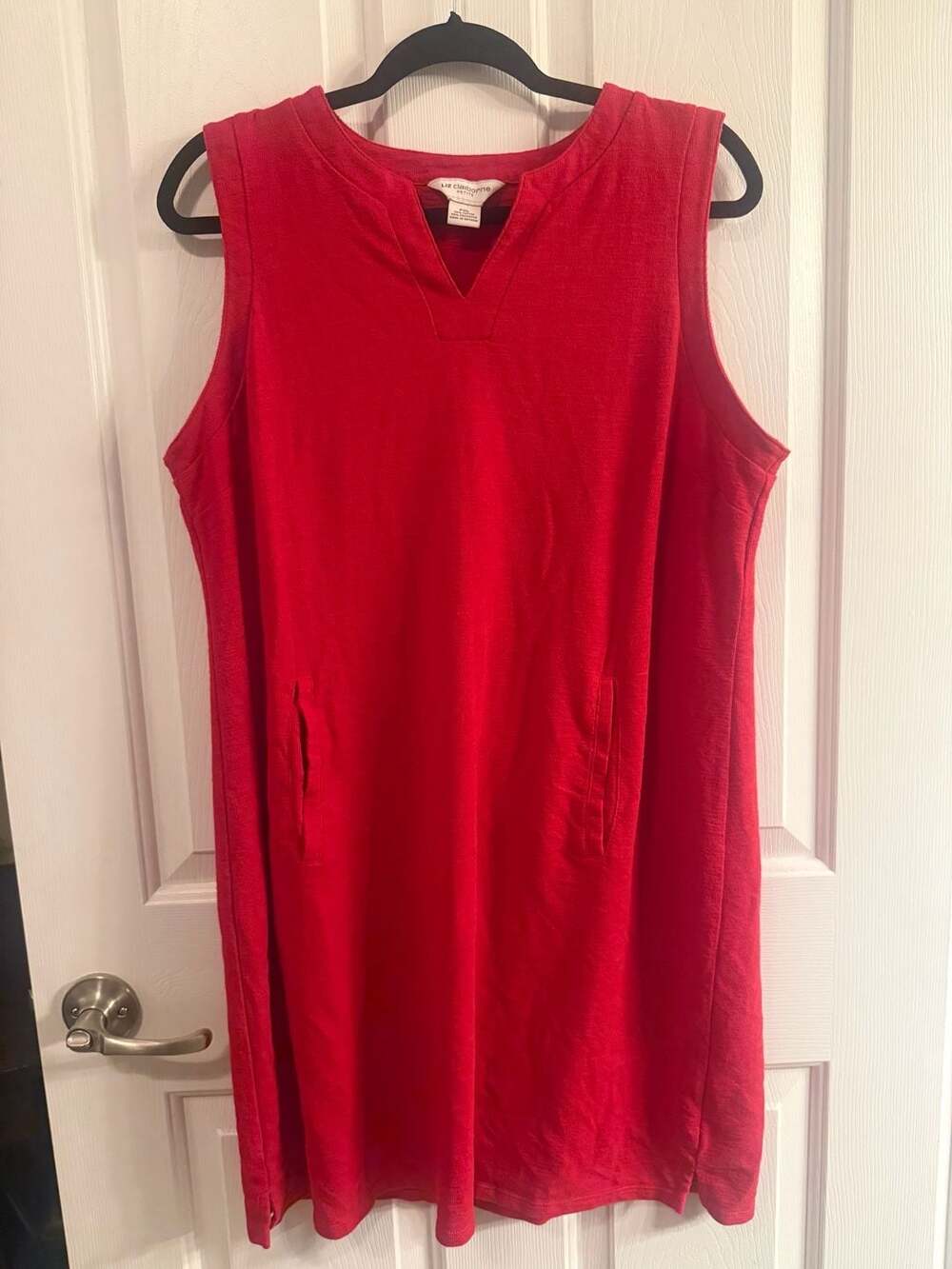 Liz Claiborne Petite Red Split V-Neck Sleeveless Knit Sheath Dress with Pockets
